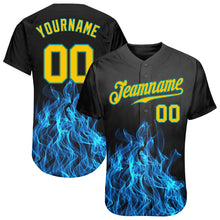 Load image into Gallery viewer, Custom Black Gold-Teal 3D Pattern Design Flame Authentic Baseball Jersey