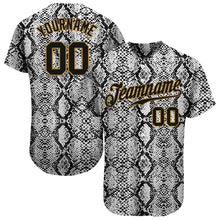 Load image into Gallery viewer, Custom Black Snakeskin Black-Old Gold 3D Pattern Design Authentic Baseball Jersey