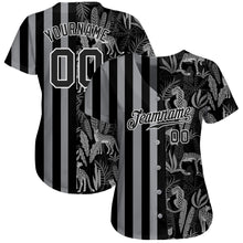 Load image into Gallery viewer, Custom Black Black-Gray 3D Pattern Design Leopards And Tropical Palm Leaves Authentic Baseball Jersey