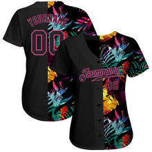 Load image into Gallery viewer, Custom Black Black-Pink 3D Pattern Design Tropical Palm Leaves Authentic Baseball Jersey