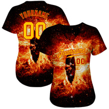Load image into Gallery viewer, Custom Black Gold-Red 3D Pattern Design Burning Evil Eye In Space Authentic Baseball Jersey