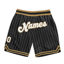 Load image into Gallery viewer, Custom Black White Pinstripe White-Old Gold Authentic Basketball Shorts