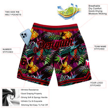 Load image into Gallery viewer, Custom Black Black-Red 3D Pattern Design Tropical Palm Leaves Authentic Basketball Shorts