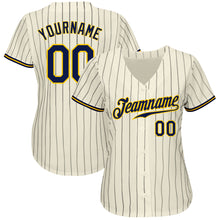 Load image into Gallery viewer, Custom Cream Navy Pinstripe Navy-Gold Authentic Baseball Jersey