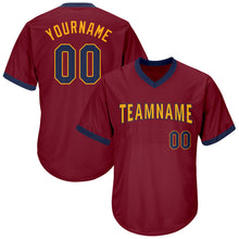 Load image into Gallery viewer, Custom Crimson Navy-Gold Authentic Throwback Rib-Knit Baseball Jersey Shirt