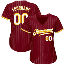 Load image into Gallery viewer, Custom Crimson Cream Pinstripe Gold-White Authentic Baseball Jersey