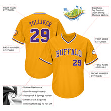 Load image into Gallery viewer, Custom Gold Purple-White Authentic Throwback Rib-Knit Baseball Jersey Shirt