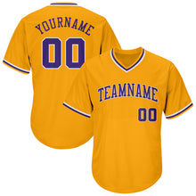 Load image into Gallery viewer, Custom Gold Purple-White Authentic Throwback Rib-Knit Baseball Jersey Shirt