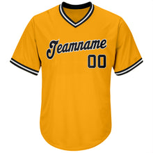 Load image into Gallery viewer, Custom Gold Black-White Authentic Throwback Rib-Knit Baseball Jersey Shirt
