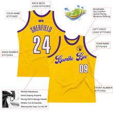 Load image into Gallery viewer, Custom Gold White-Purple Authentic Throwback Basketball Jersey