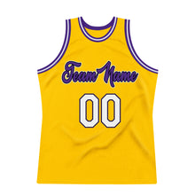 Load image into Gallery viewer, Custom Gold White-Purple Authentic Throwback Basketball Jersey