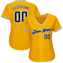 Load image into Gallery viewer, Custom Gold Navy-Light Blue Authentic Baseball Jersey