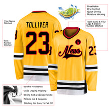 Load image into Gallery viewer, Custom Gold Black-Red Hockey Jersey