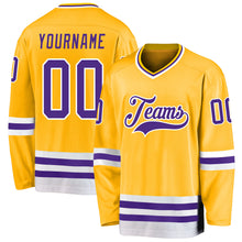 Load image into Gallery viewer, Custom Gold Purple-White Hockey Jersey