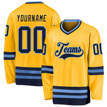 Load image into Gallery viewer, Custom Gold Navy-Light Blue Hockey Jersey