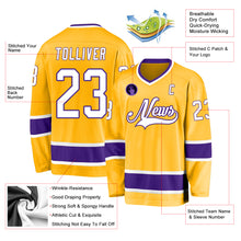 Load image into Gallery viewer, Custom Gold White-Purple Hockey Jersey