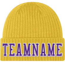 Load image into Gallery viewer, Custom Gold Purple-White Stitched Cuffed Knit Hat