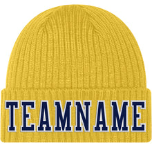 Load image into Gallery viewer, Custom Gold Navy-White Stitched Cuffed Knit Hat