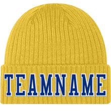 Load image into Gallery viewer, Custom Gold Royal-White Stitched Cuffed Knit Hat