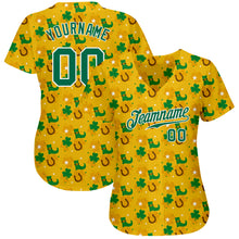 Load image into Gallery viewer, Custom Gold Kelly Green-White 3D Pattern Design Authentic St. Patrick's Day Baseball Jersey