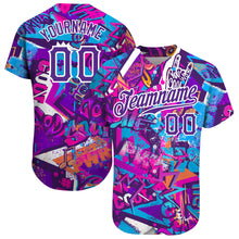 Load image into Gallery viewer, Custom Graffiti Words Pattern White-Purple 3D Authentic Baseball Jersey