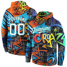 Load image into Gallery viewer, Custom Stitched Graffiti Pattern White-Aqua 3D Sports Pullover Sweatshirt Hoodie