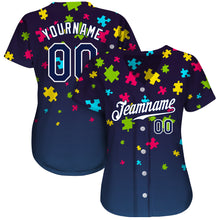 Load image into Gallery viewer, Custom Autism Awareness Puzzle Pieces Navy-White 3D Authentic Baseball Jersey