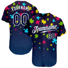 Load image into Gallery viewer, Custom Autism Awareness Puzzle Pieces Navy-White 3D Authentic Baseball Jersey
