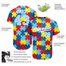 Load image into Gallery viewer, Custom Autism Awareness Puzzle Pieces Light Blue-White 3D Authentic Baseball Jersey