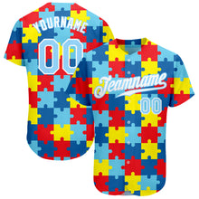 Load image into Gallery viewer, Custom Autism Awareness Puzzle Pieces Light Blue-White 3D Authentic Baseball Jersey
