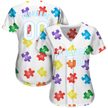 Load image into Gallery viewer, Custom Autism Awareness Puzzle Pieces White-Light Blue 3D Authentic Baseball Jersey