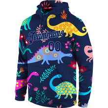 Load image into Gallery viewer, Custom Stitched Graffiti Pattern Navy-Light Blue 3D Dinosaur Sports Pullover Sweatshirt Hoodie
