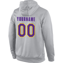 Load image into Gallery viewer, Custom Stitched Gray Purple-Gold Sports Pullover Sweatshirt Hoodie