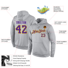 Load image into Gallery viewer, Custom Stitched Gray Purple-Gold Sports Pullover Sweatshirt Hoodie
