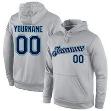 Load image into Gallery viewer, Custom Stitched Gray Navy-Aqua Sports Pullover Sweatshirt Hoodie