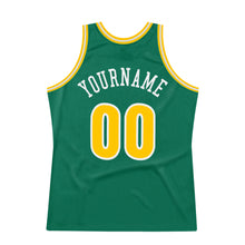 Load image into Gallery viewer, Custom Kelly Green Gold-White Authentic Throwback Basketball Jersey