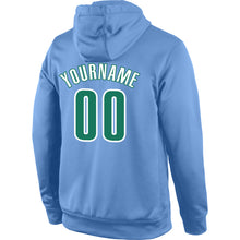 Load image into Gallery viewer, Custom Stitched Light Blue Kelly Green-White Sports Pullover Sweatshirt Hoodie