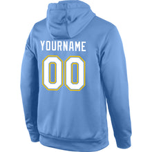 Load image into Gallery viewer, Custom Stitched Light Blue White-Gold Sports Pullover Sweatshirt Hoodie