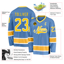 Load image into Gallery viewer, Custom Light Blue Gold-White Hockey Jersey