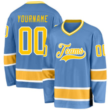 Load image into Gallery viewer, Custom Light Blue Gold-White Hockey Jersey