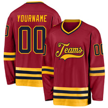 Load image into Gallery viewer, Custom Maroon Navy-Gold Hockey Jersey