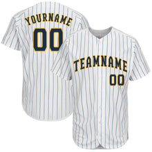 Load image into Gallery viewer, Custom White Royal Pinstripe Navy-Gold Baseball Jersey