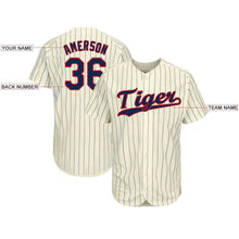 Load image into Gallery viewer, Custom Cream Navy Pinstripe Navy-Red Baseball Jersey