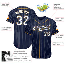 Load image into Gallery viewer, Custom Navy White Pinstripe White-Old Gold Authentic Baseball Jersey