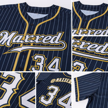 Load image into Gallery viewer, Custom Navy White Pinstripe White-Old Gold Authentic Baseball Jersey