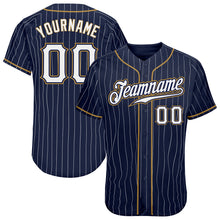Load image into Gallery viewer, Custom Navy White Pinstripe White-Old Gold Authentic Baseball Jersey