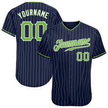 Load image into Gallery viewer, Custom Navy White Pinstripe Neon Green-White Authentic Baseball Jersey
