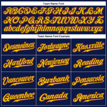 Load image into Gallery viewer, Custom Navy White Pinstripe Gold-Orange Authentic Baseball Jersey