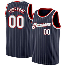 Load image into Gallery viewer, Custom Navy White Pinstripe White-Red Authentic Basketball Jersey
