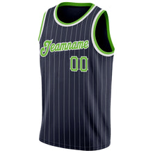 Load image into Gallery viewer, Custom Navy White Pinstripe Neon Green-White Authentic Basketball Jersey